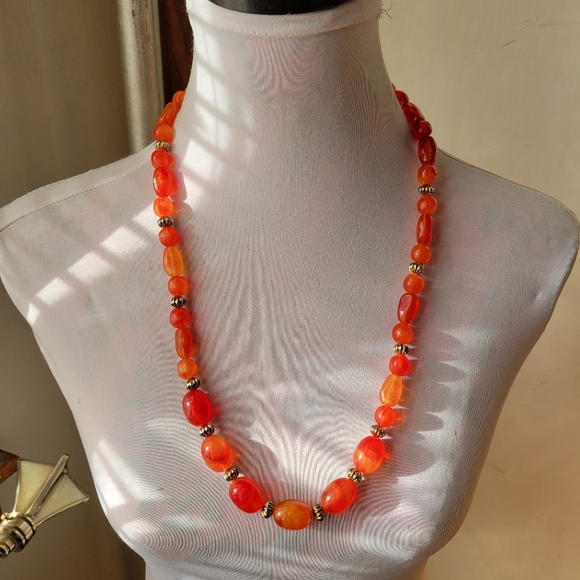 Vintage Jewelry - Vintage necklace orange beads gold tone autumn fall